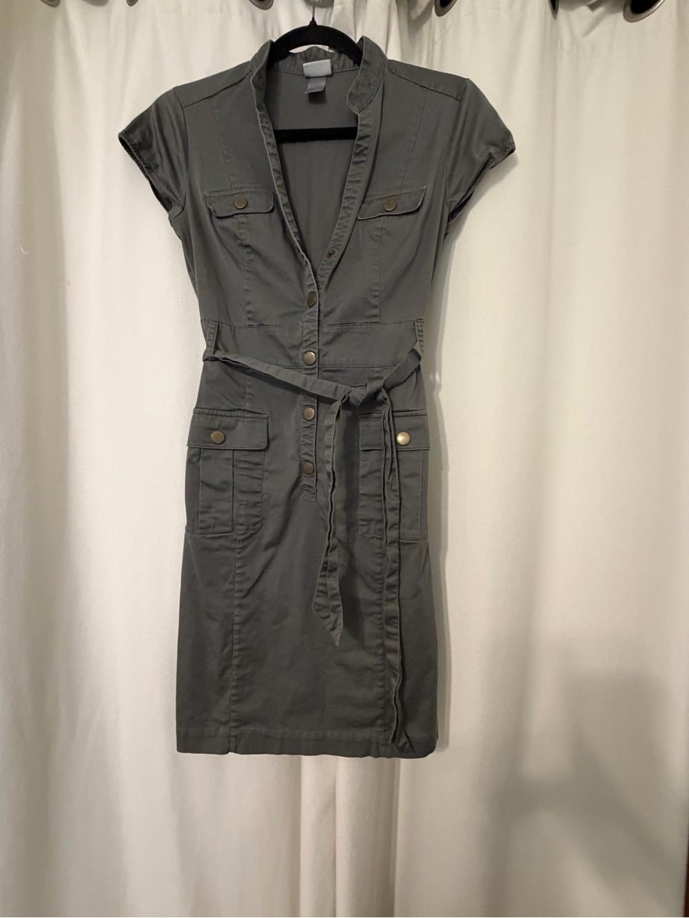 H&M Taupe Utility Shirt Mini Dress with Tie Belt & Cap Sleeves Size 8